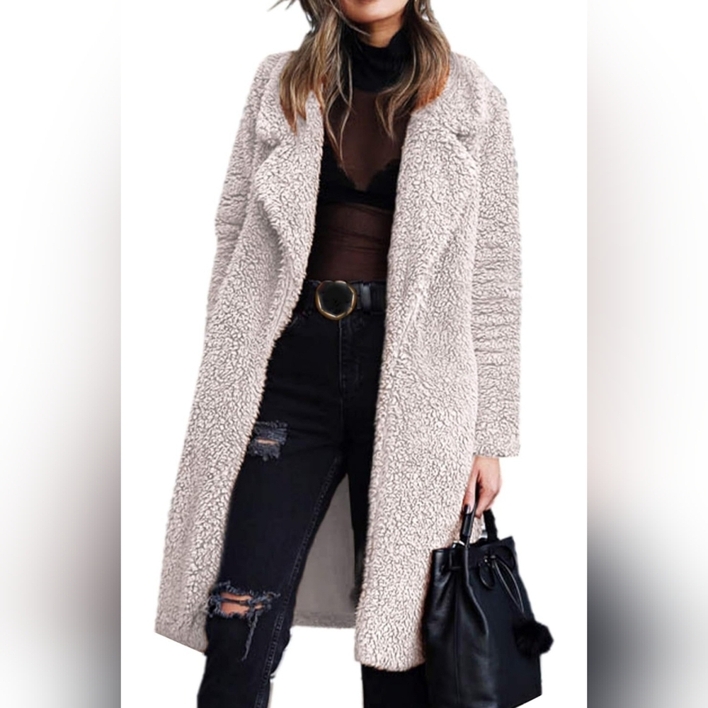 Women's Fuzzy Fleece Lapel Open Front Long Cardigan Coat Faux Fur Warm